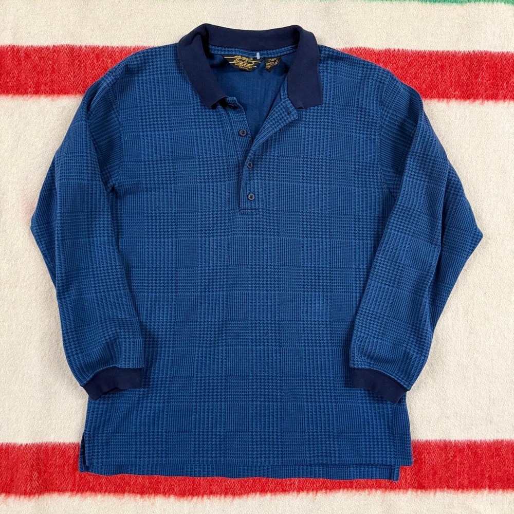 Vintage 90s Eddie Bauer Houndstooth Long Sleeve Polo Shirt Mens Medium Blue USA